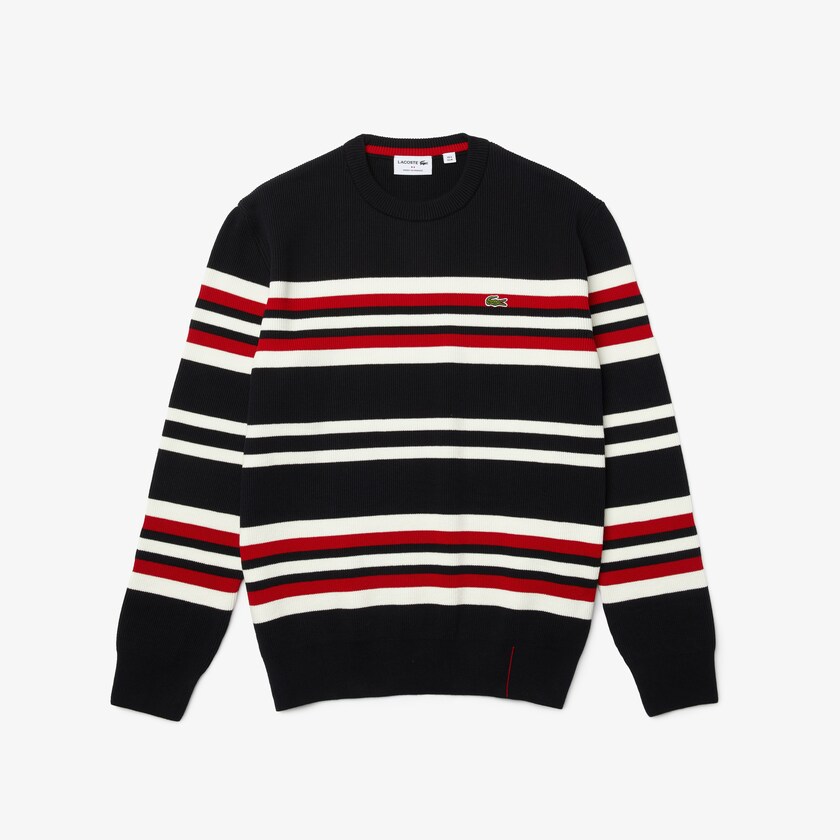Men's Lacoste Navy Blue / White / Red Sweaters Made in France Striped Organic Cotton Crew Neck PV6-68176W5