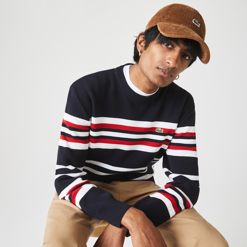Men's Lacoste Navy Blue / White / Red Sweaters Made in France Striped Organic Cotton Crew Neck PV6-68176W5