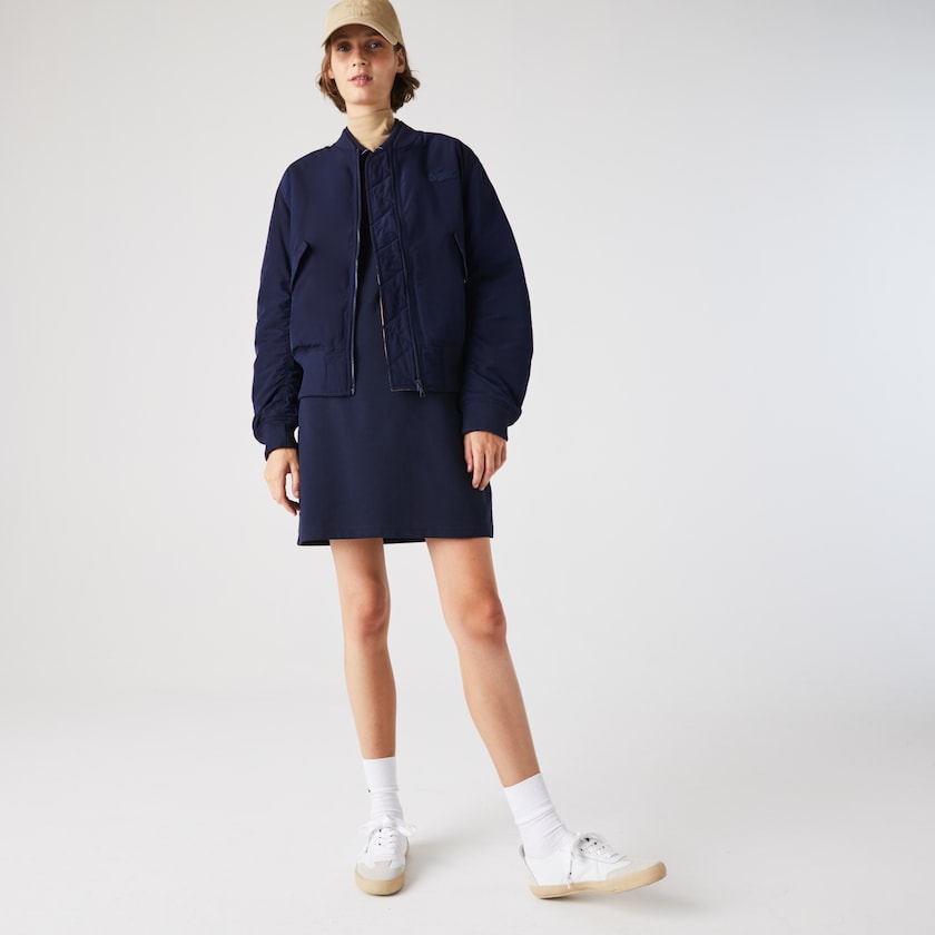 Women's Lacoste Navy Blue / Yellow Jackets Zippered Quilted Water-Resistant Bomber NF6-56985R7