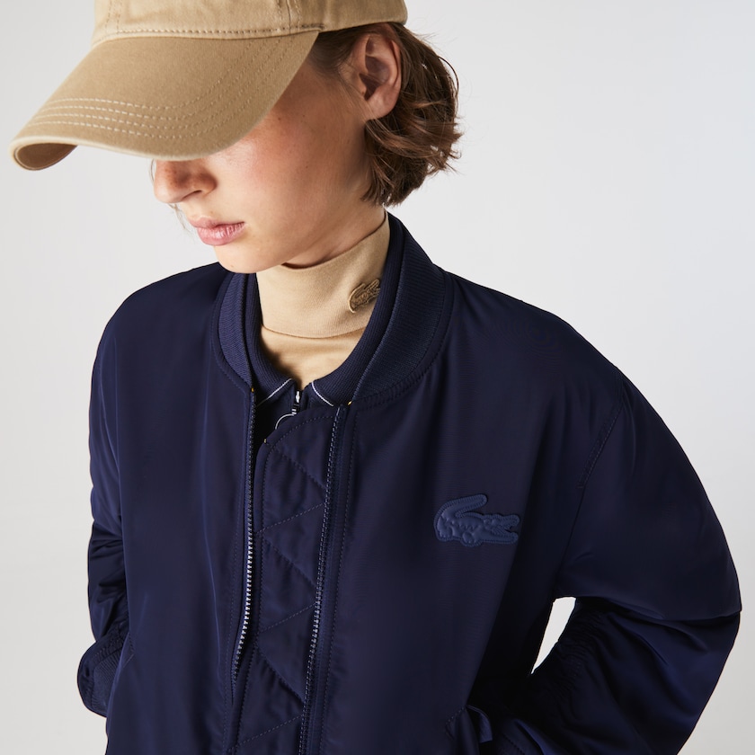 Women's Lacoste Navy Blue / Yellow Jackets Zippered Quilted Water-Resistant Bomber NF6-56985R7