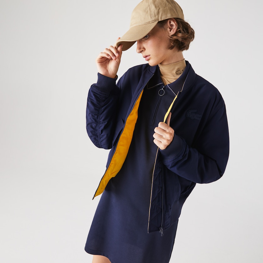 Women's Lacoste Navy Blue / Yellow Jackets Zippered Quilted Water-Resistant Bomber NF6-56985R7