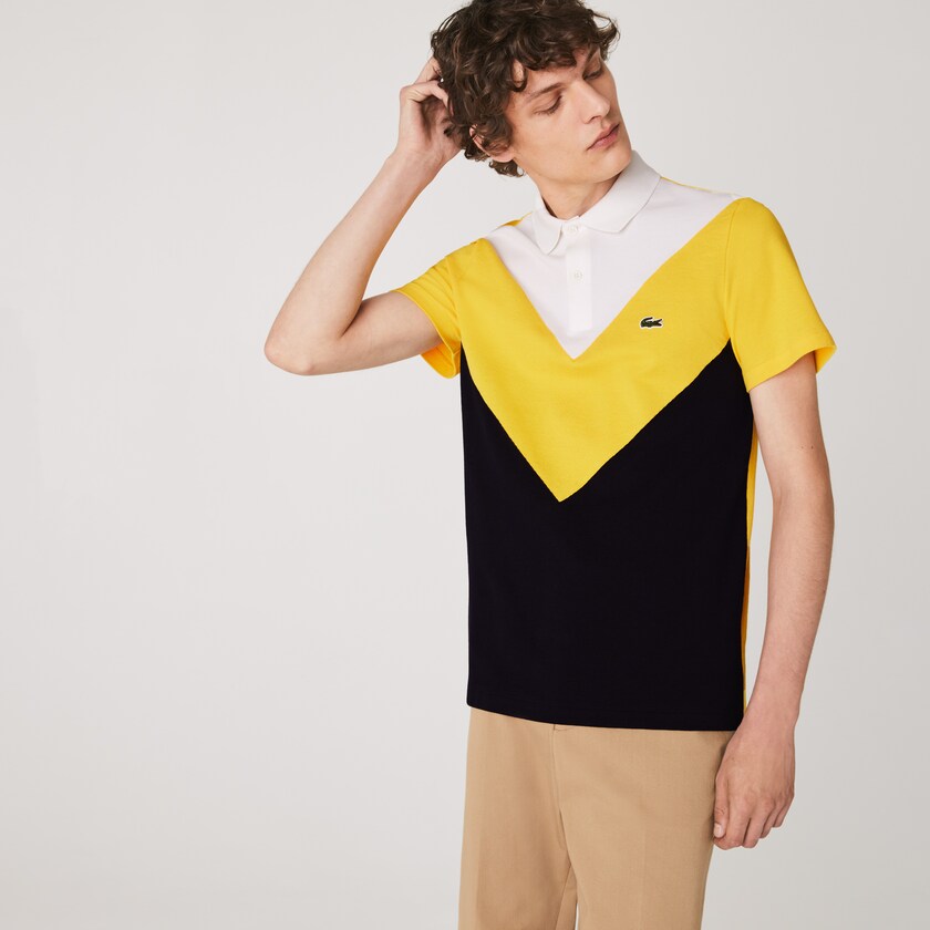 Men's Lacoste Navy Blue / Yellow / White Polo Shirts Regular Fit Geometric Colorblock Piqué XA6-51335O5