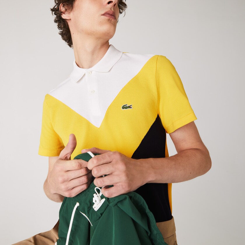 Men's Lacoste Navy Blue / Yellow / White Polo Shirts Regular Fit Geometric Colorblock Piqué XA6-51335O5