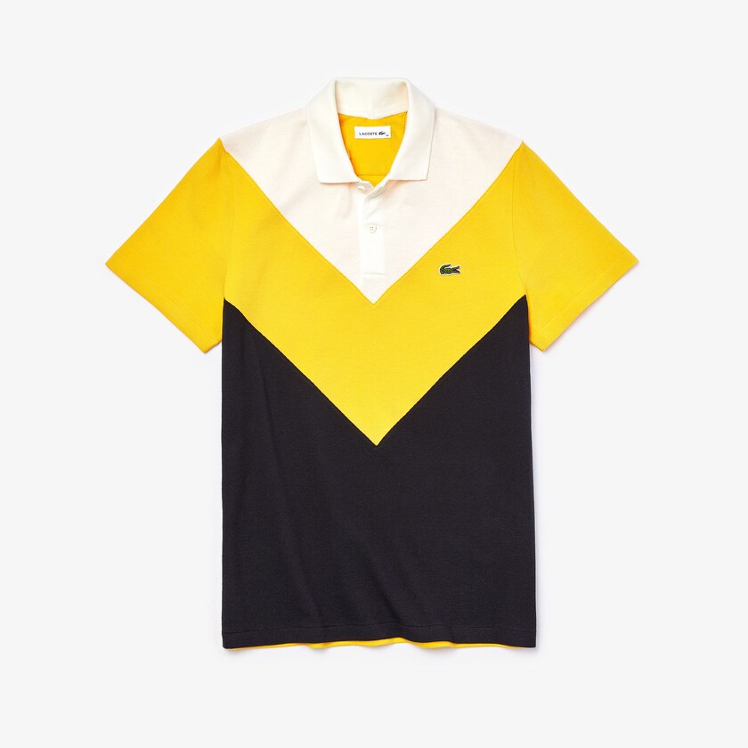 Men's Lacoste Navy Blue / Yellow / White Polo Shirts Regular Fit Geometric Colorblock Piqué XA6-51335O5