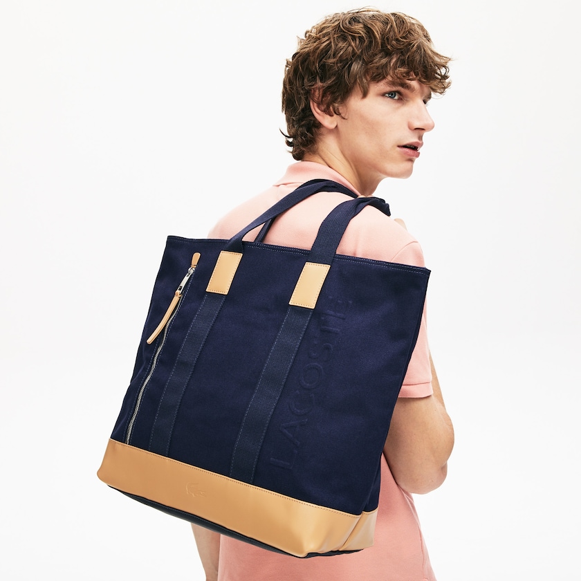 Men's Lacoste Navy / Brown Tote Bags Classic Leather and Canvas SS0-44354W0