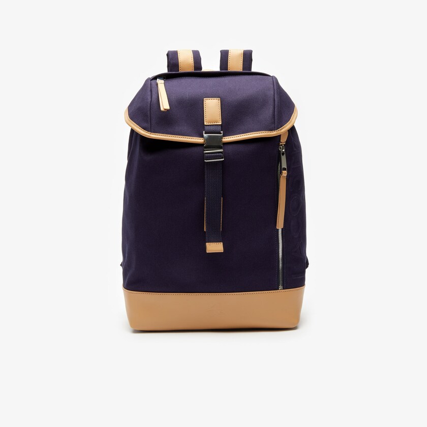 Men's Lacoste Navy / Brown Backpacks Leather Finishes Cotton Flap SQ9-12891J2