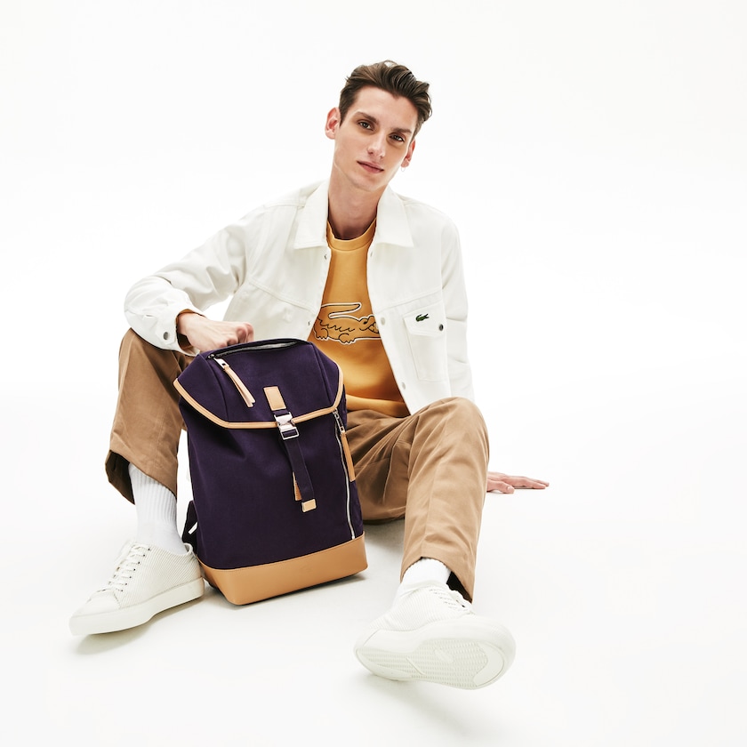 Men's Lacoste Navy / Brown Backpacks Leather Finishes Cotton Flap SQ9-12891J2