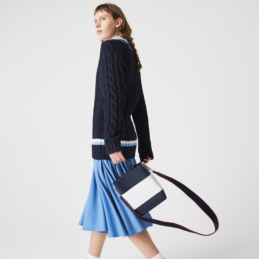 Women's Lacoste Navy / White / Red Bags Chantaco Rectangular Color Blocked Piqué Leather Bucket Bag ND2-43044Q6