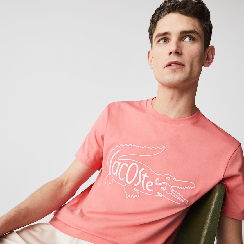 Men's Lacoste Pink T Shirts Crocodile-Embroidery Cotton WA4-72967F2