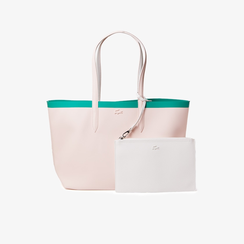 Women's Lacoste Pink / White Tote Bags Anna Reversible Contrast Band Coated Canvas ED1-38503E8