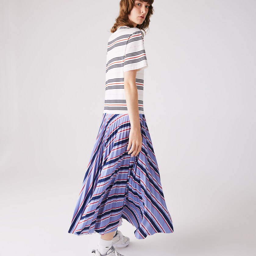 Women's Lacoste Purple / Navy Blue / White / Red / Light Pink Dress Dissimilar Striped Pleated Jersey T-shirt LV5-33883Y5