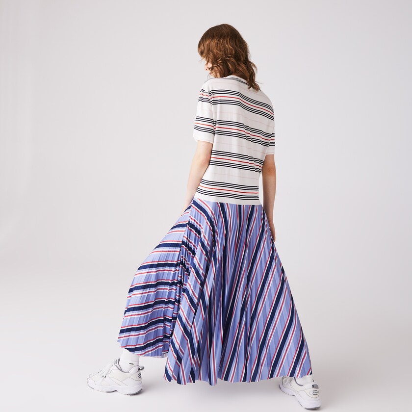 Women's Lacoste Purple / Navy Blue / White / Red / Light Pink Dress Dissimilar Striped Pleated Jersey T-shirt LV5-33883Y5