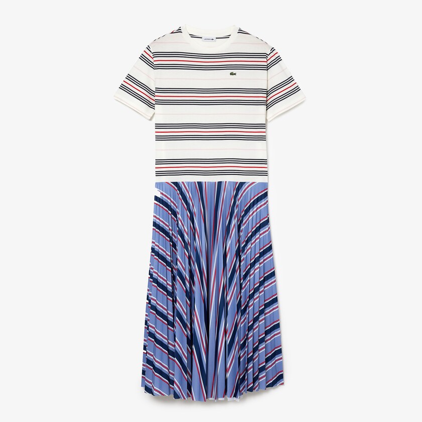 Women's Lacoste Purple / Navy Blue / White / Red / Light Pink Dress Dissimilar Striped Pleated Jersey T-shirt LV5-33883Y5