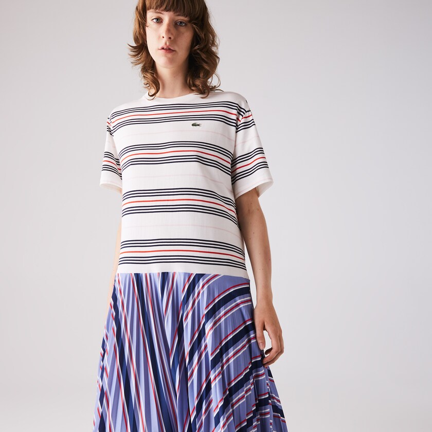 Women's Lacoste Purple / Navy Blue / White / Red / Light Pink Dress Dissimilar Striped Pleated Jersey T-shirt LV5-33883Y5