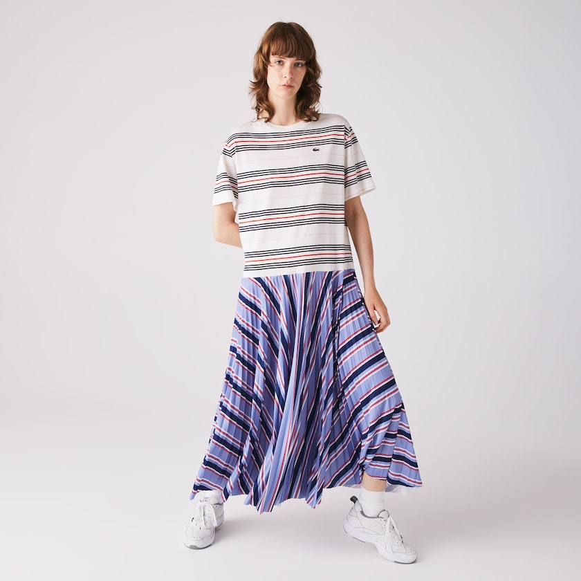 Women's Lacoste Purple / Navy Blue / White / Red / Light Pink Dress Dissimilar Striped Pleated Jersey T-shirt LV5-33883Y5