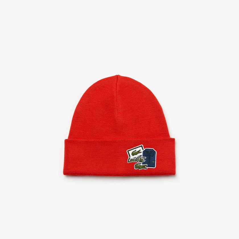 Men's Lacoste Red Caps Badge Ribbed Wool Beanie KM8-43774P0