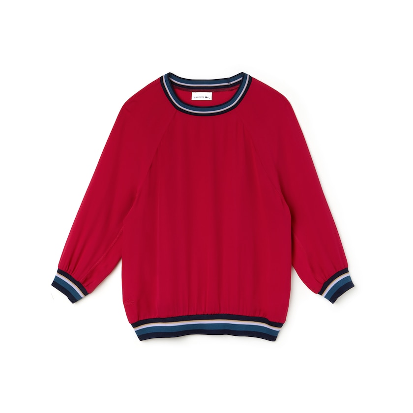 Women's Lacoste Red T Shirts Contrast Accents Silk Crepe Top GT1-09820T9