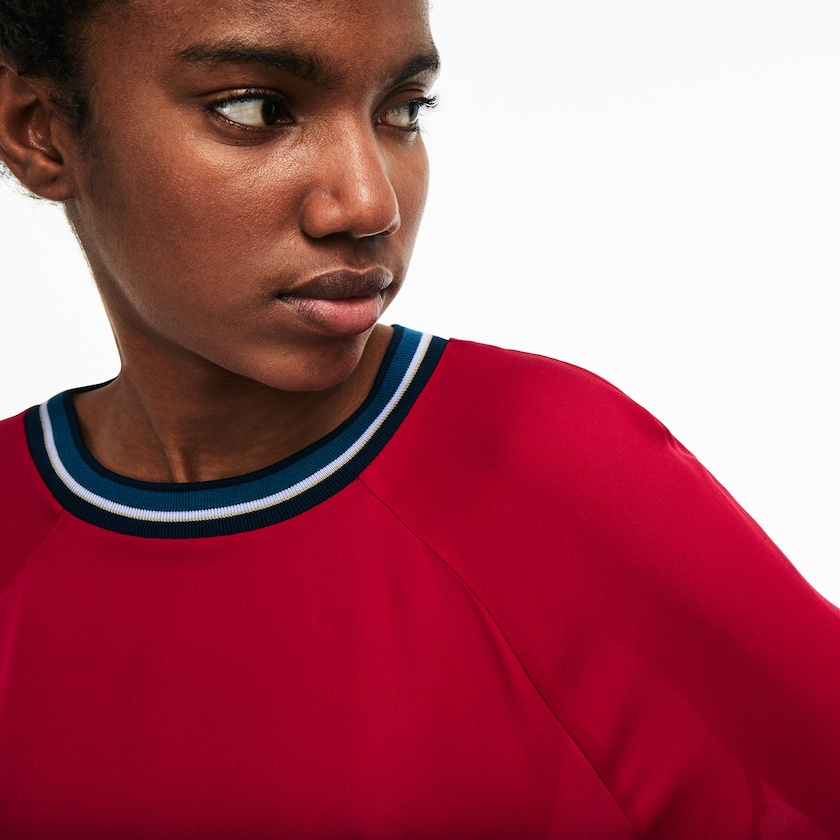 Women's Lacoste Red T Shirts Contrast Accents Silk Crepe Top GT1-09820T9