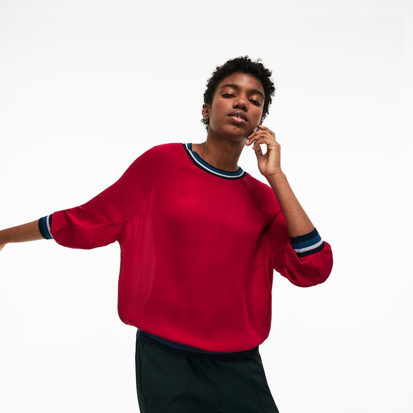 Women's Lacoste Red T Shirts Contrast Accents Silk Crepe Top GT1-09820T9