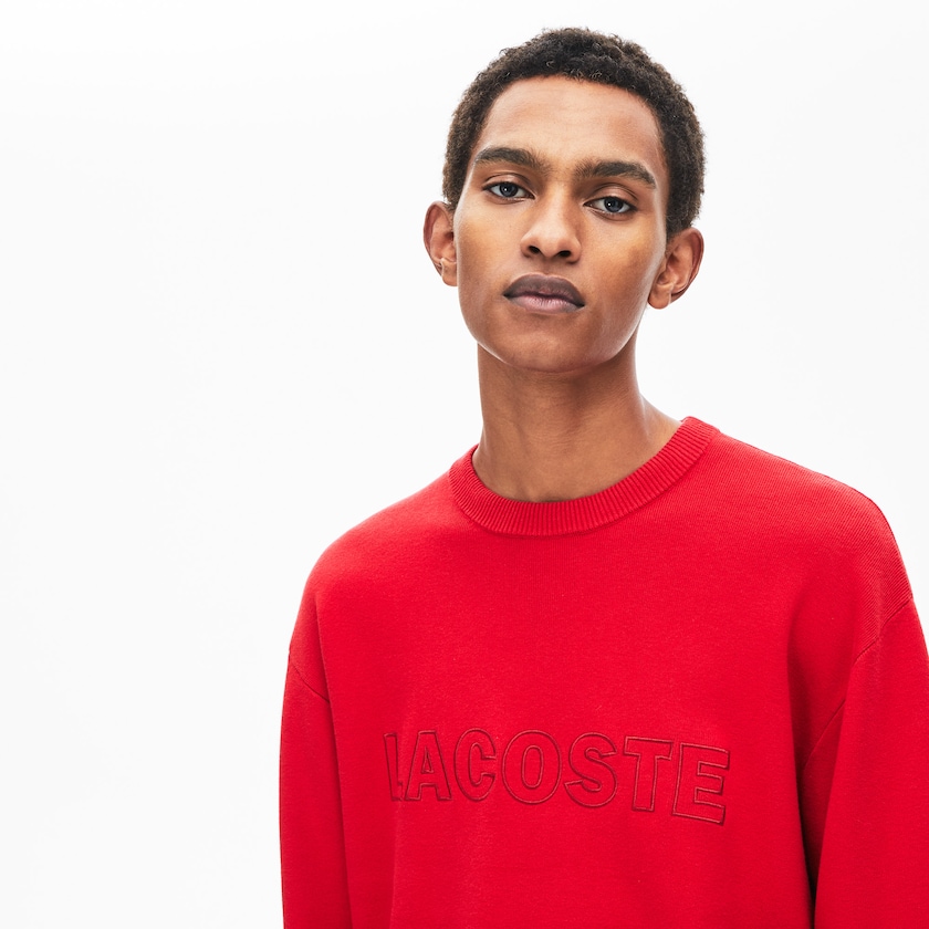 Men's Lacoste Red Sweaters Crewneck Signature-Logo Knit HE9-46684J5