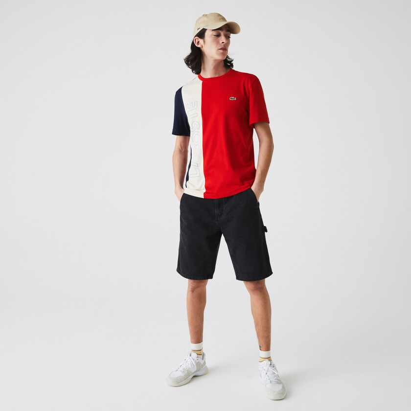 Men's Lacoste Red / Beige / Navy Blue T Shirts Crewneck Colorblock VE7-33083D1