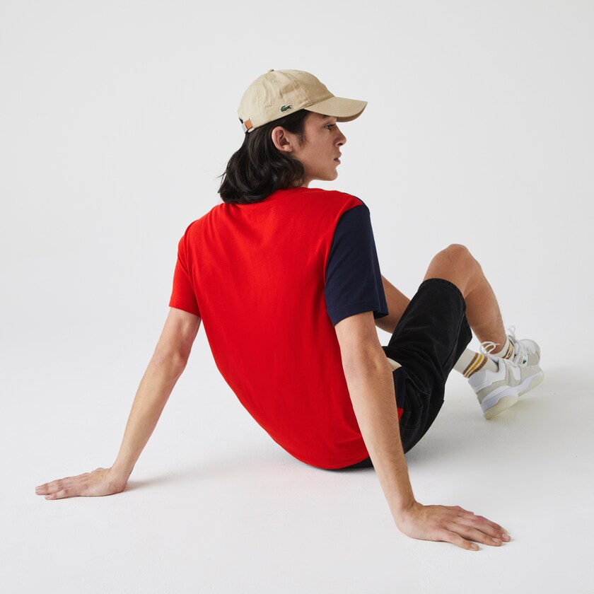 Men's Lacoste Red / Beige / Navy Blue T Shirts Crewneck Colorblock VE7-33083D1