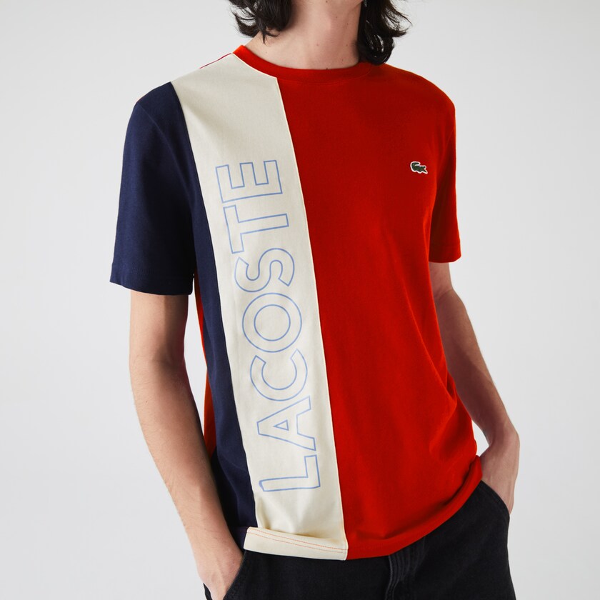 Men's Lacoste Red / Beige / Navy Blue T Shirts Crewneck Colorblock VE7-33083D1