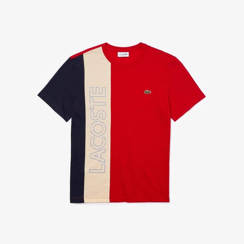 Men's Lacoste Red / Beige / Navy Blue T Shirts Crewneck Colorblock VE7-33083D1