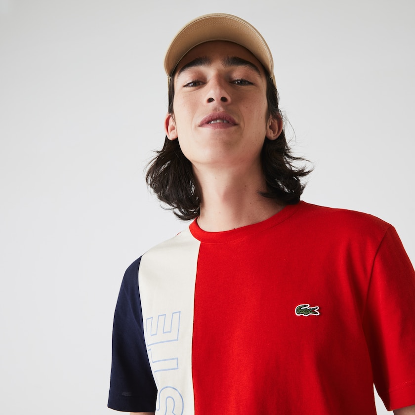 Men's Lacoste Red / Beige / Navy Blue T Shirts Crewneck Colorblock VE7-33083D1