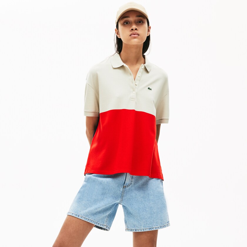 Women's Lacoste Red / Beige / Navy Blue Polo Shirts Relaxed-Fit Lightweight Color-Block Piqué HV9-21472I3