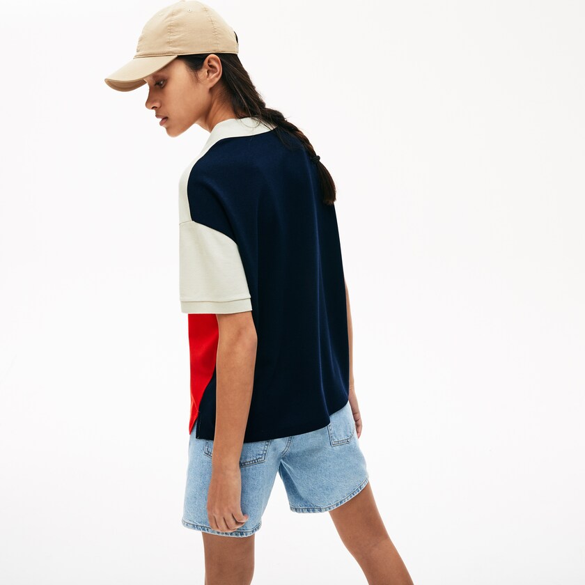 Women's Lacoste Red / Beige / Navy Blue Polo Shirts Relaxed-Fit Lightweight Color-Block Piqué HV9-21472I3