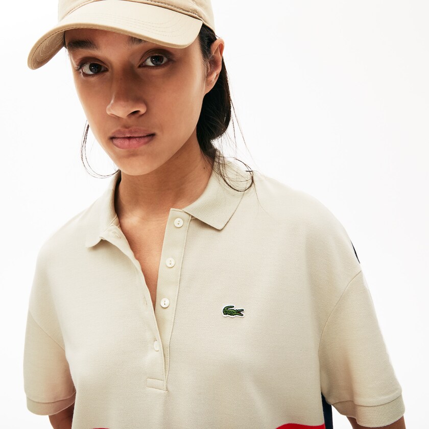 Women's Lacoste Red / Beige / Navy Blue Polo Shirts Relaxed-Fit Lightweight Color-Block Piqué HV9-21472I3