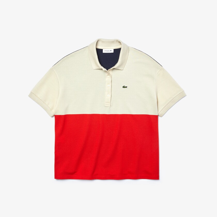 Women's Lacoste Red / Beige / Navy Blue Polo Shirts Relaxed-Fit Lightweight Color-Block Piqué HV9-21472I3