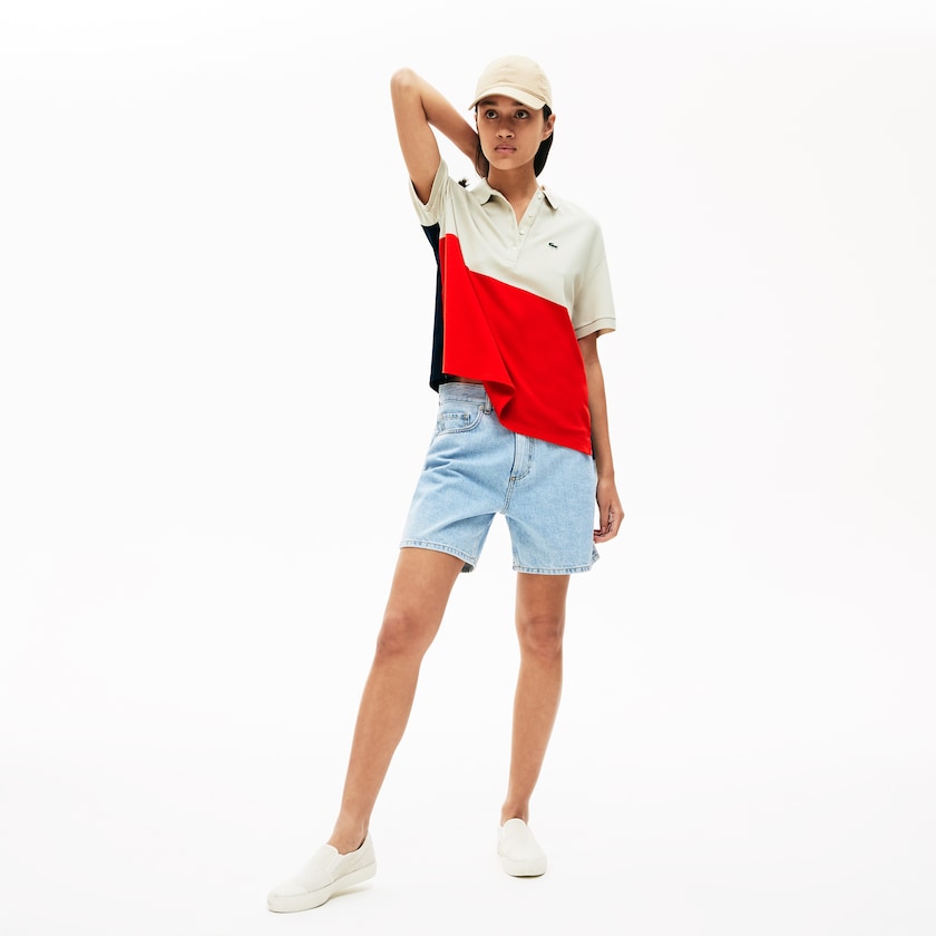 Women's Lacoste Red / Beige / Navy Blue Polo Shirts Relaxed-Fit Lightweight Color-Block Piqué HV9-21472I3