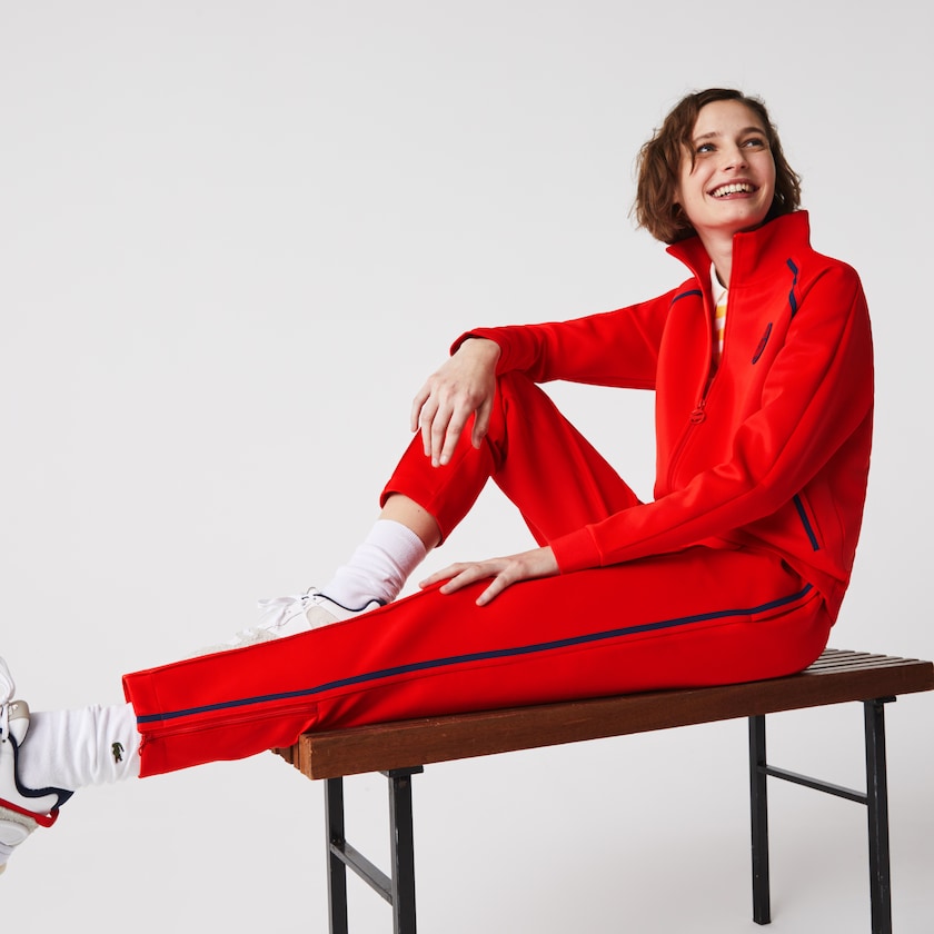 Women's Lacoste Red / Blue / Red Pants Straight Cut Contrast Bands Tracksuit XQ2-46814K5