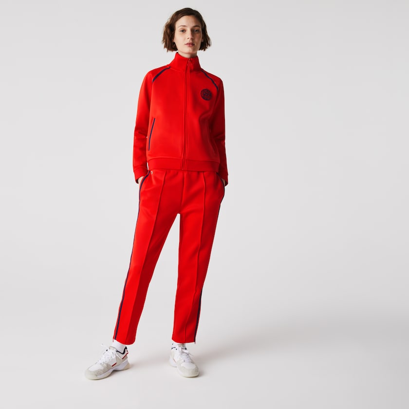 Women's Lacoste Red / Blue / Red Pants Straight Cut Contrast Bands Tracksuit XQ2-46814K5