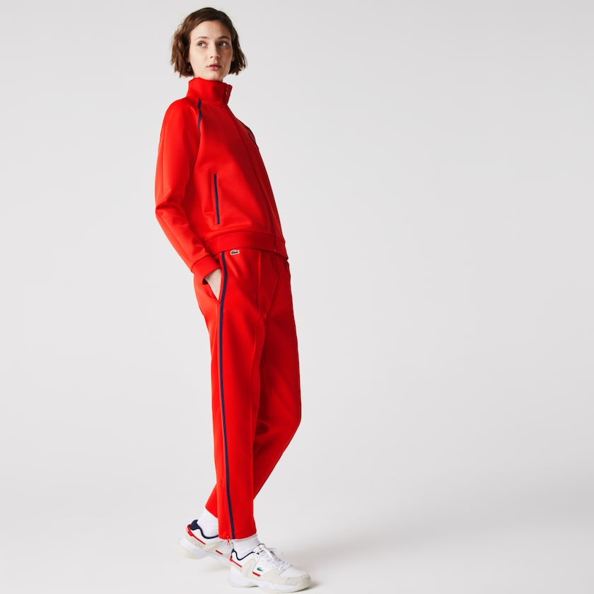 Women's Lacoste Red / Blue / Red Pants Straight Cut Contrast Bands Tracksuit XQ2-46814K5