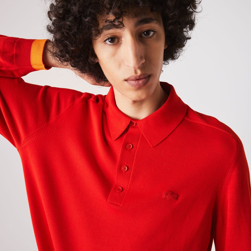 Men's Lacoste Red / Dark Red / Red Sweaters Contrast Striped Polo Collar Organic Cotton HT4-28132L5