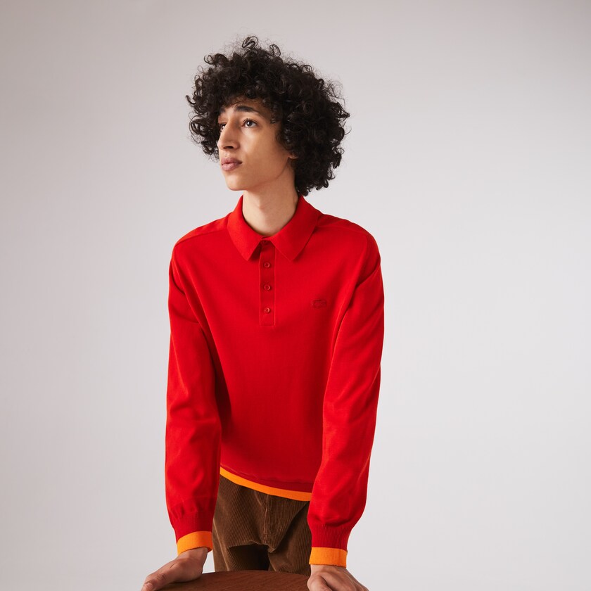 Men's Lacoste Red / Dark Red / Red Sweaters Contrast Striped Polo Collar Organic Cotton HT4-28132L5