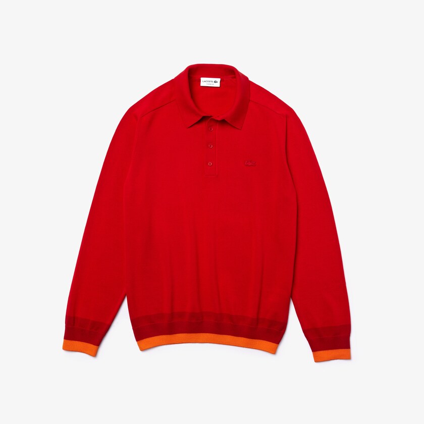 Men's Lacoste Red / Dark Red / Red Sweaters Contrast Striped Polo Collar Organic Cotton HT4-28132L5