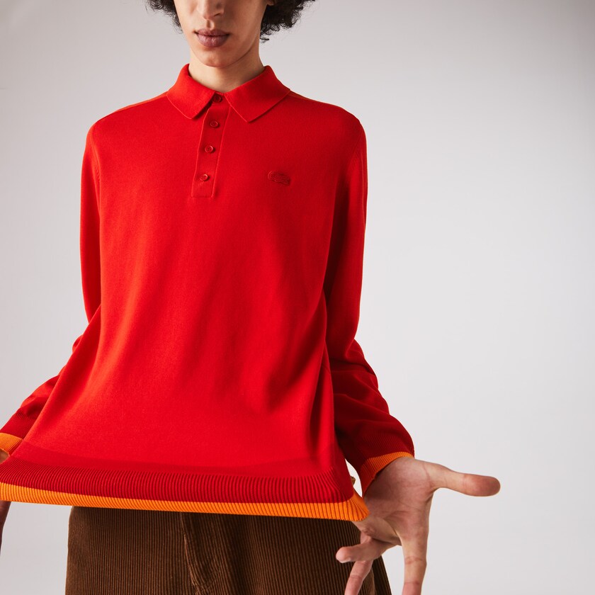Men's Lacoste Red / Dark Red / Red Sweaters Contrast Striped Polo Collar Organic Cotton HT4-28132L5