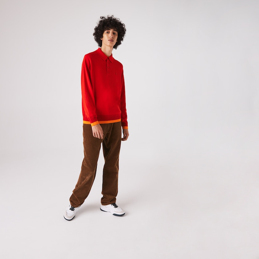 Men's Lacoste Red / Dark Red / Red Sweaters Contrast Striped Polo Collar Organic Cotton HT4-28132L5