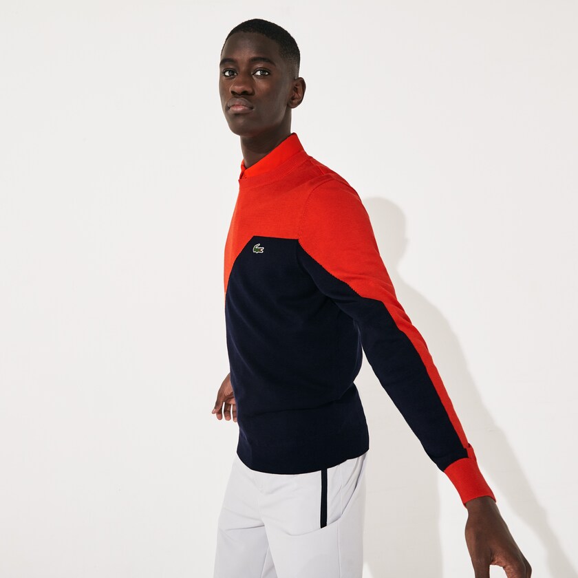 Men's Lacoste Red / Navy Blue Sweaters SPORT Breathable Knit Crew Neck Golf EZ1-25012F4