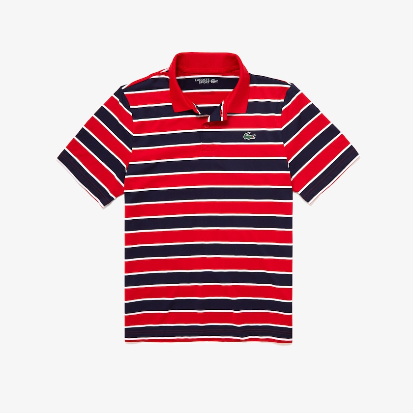 Men's Lacoste Red / Navy Blue / White Shirts SPORT Striped Breathable Golf Polo TM5-80808J1