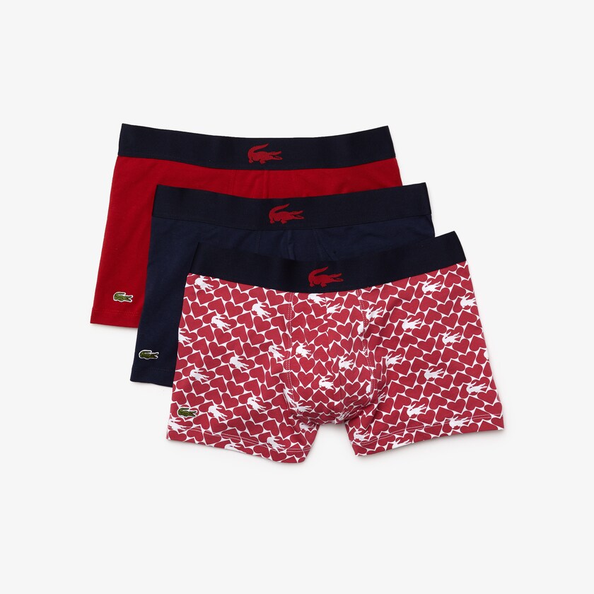Men's Lacoste Red / Navy Blue / White Shorts Valentine's Day Stretch Cotton Trunk 3-Pack XU2-07630U9