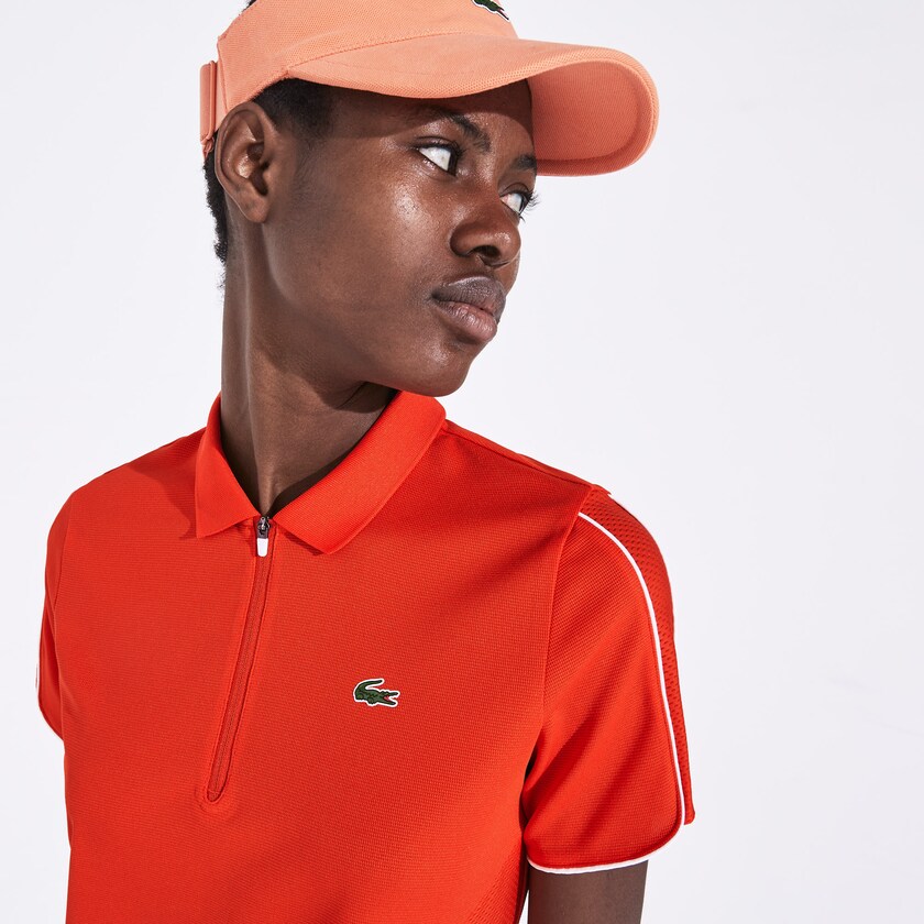 Women's Lacoste Red / White Polo Shirts SPORT Breathable Zip-Up KE9-37073M9