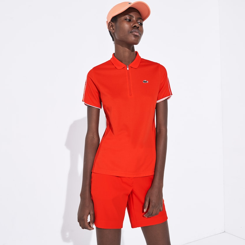 Women's Lacoste Red / White Polo Shirts SPORT Breathable Zip-Up KE9-37073M9