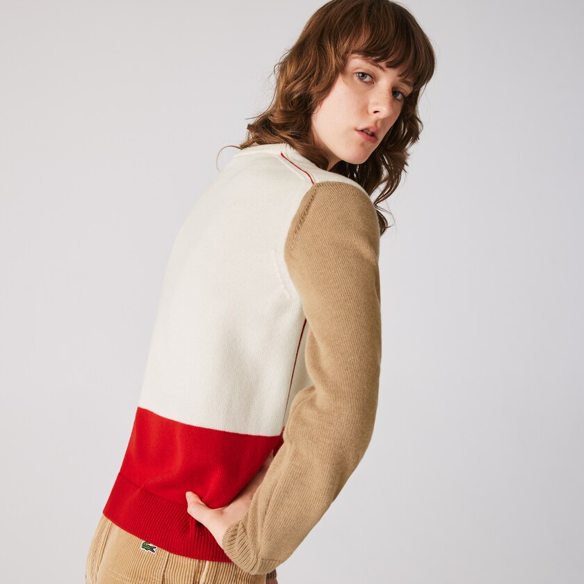 Women's Lacoste Red / White / Beige Sweaters Made in France Crew Neck Colourblock Wool AW4-20592L0