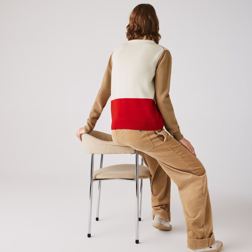 Women's Lacoste Red / White / Beige Sweaters Made in France Crew Neck Colourblock Wool AW4-20592L0