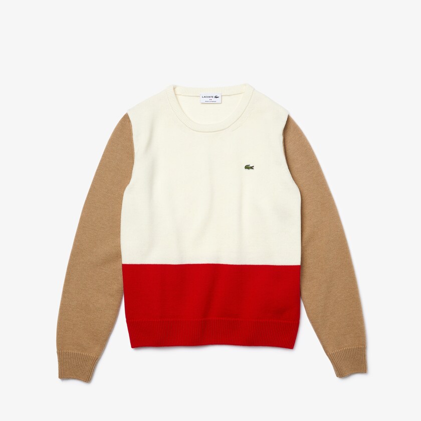 Women's Lacoste Red / White / Beige Sweaters Made in France Crew Neck Colourblock Wool AW4-20592L0